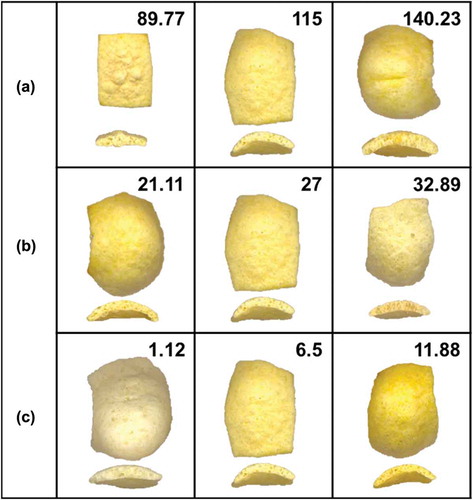 Figure 2. Photographs showing the visual effect of extrusion temperature in °C, at MC = 27%, and DNB = 6.5% (a); moisture content in %, at ET = 115°C, and DNB = 6.5% (b), and dehydrated naranjita bagasse content in %, at ET = 115°C, and MC = 27% (c), on the expansion index (EI) of TGS expanded by microwave.Figura 2. Fotografías mostrando el efecto visual de la temperatura de extrusión en °C, CH = 27%, y BDN = 6,5% (a), contenido de humedad en %, TE = 115°C, y BDN = 6,5% (b), y contenido de bagazo deshidratado de naranjita en %, TE = 115°C, y CH = 27% (c), sobre el índice de expansión de de alimentos BTG expandidos por microondas.