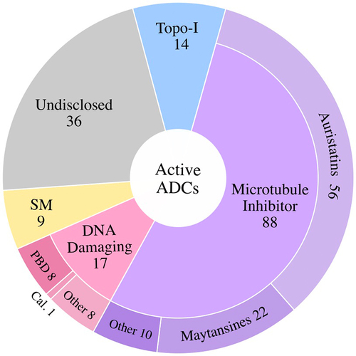 Figure 9. Active ADCs Classified by Payload Class. Of the active ADCs in clinical testing, the majority utilize microtubule inhibitor payloads, followed by DNA Damaging Agents, Topoisomerase I Inhibitors (Topo-I), and targeted small molecules (SM). ~22% of active ADCs have not disclosed the payload utilized (Undisclosed). PBD, pyrrolobenzodiazepine; Cal., calicheamicin.