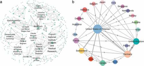 Figure 2. Collaboration networks of mRNA vaccine patents. (a) Network of cooperative relationships between institutions. The nodes represent the assignee, and the edges represent the cooperative relationship between the co–assignees. The institutional collaboration network does not include the individual assignee and labels names of top active institutions. (b) Regional collaboration network. Colored nodes denote regions in which assignees were located, including individual patent assignees, while edges correspond with collaborations based on co–assignee relations. Node size is scaled to the number of patent families (also given as a numerical value of the degree), while the thickness of edges represents collaboration frequency (also given as a numerical value of the weighted degree).