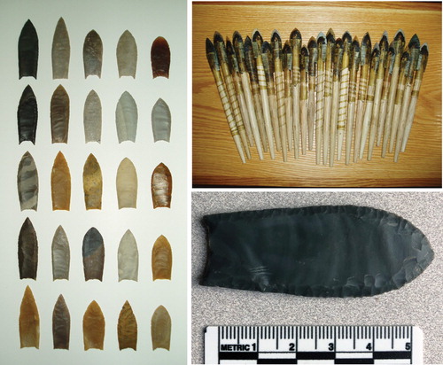 Figure 6. Patten produced 25 Folsom projectile points for David Hunzicker’s thesis (left and top right). Bottom right: a Folsom point knapped by Patten.