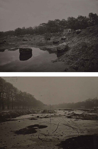 Figure 3. Top: The disturbed concrete foundations of the Palace in Hyde Park in late 1939 during excavation for sand (A7903). Bottom: The site looking west in January 1940 showing some of concrete footings in alignment in-situ (A7905).Source: Reproduced with kind permission from London Metropolitan Archives, City of London: SC/PHL/02/BOX 1258.