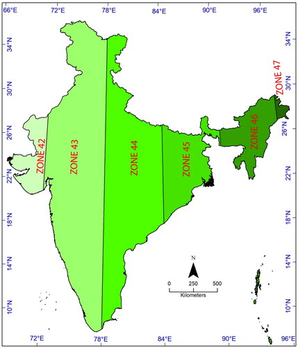 Figure 5. Map showing whole India with six UTM zones with WGS 84 datum.