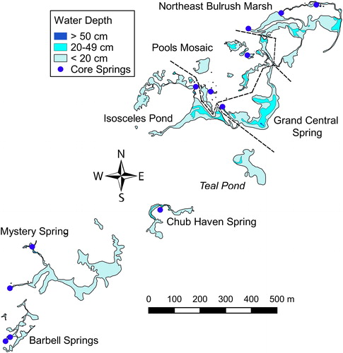 Figure 5. Isoline map of the Leland Harris Spring Complex based on water level measurements at surface water monitoring points and corresponding estimates of surface water depths at 3852 bathymetry points during 21 August 2013. Regions of the spring complex that became isolated, or in which movement of fish to and from other regions was greatly restricted, are labelled. Dashed lines indicate boundaries between adjacent regions.