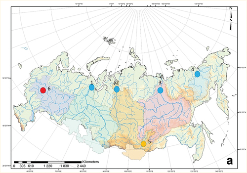 Figure 1. Case studies of ADCP applications. a) General sketch map: blue circles – Arctic rivers (1 – Ob, 2 – Yenisey, 3 – Lena, 4 – Kolyma), yellow circle − 5 – Selenga River; red circle − 6 – Moscow River and its’ tributaries; b) local stream reaches maps: location of the cross-sections for the case studies 1–4 – orange lines; for the case study 5 – green dots; for the case study 6 – red dots.