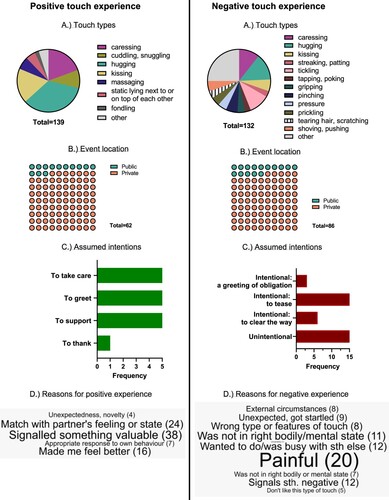 Figure 1. (A) Touch types (frequencies). “Positive”, types that were named less than three times and “negative” types named less than four times are summarized in the category “other”, (B) event locations (in %), (C) assumed intentions behind the touch (frequencies), and (D) reasons for why the touch experience was positive (N = 47) or negative (N = 24) with frequencies in parentheses. Note that participants only mentioned assumed intentions for a small number of touch experiences (for exact numbers and examples, see Tables S2, S3, S4 in Supplement).