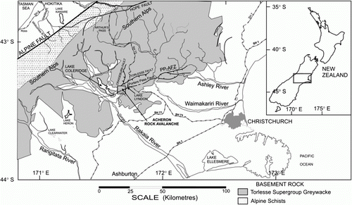 Figure 1  Map of the central Southern Alps showing the location of the Acheron rock avalanche deposit.