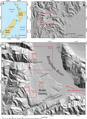 Figure 1. Map of study area. (a) Location of site in the foothills of New Zealand’s Southern Alps. (b) Study site.