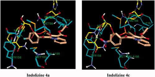 Figure 10. Predicted binding interaction of indolizines (4a, 4c) with InhA binding domain (PDB 5G0S). Ligand, NAD and receptor were represented as solmon, yellow and cyan respectively. Hydrogen bonding contact is shown with green dotted lines.