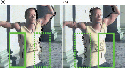 Figure 2. Color image warped into a target viewpoint from the (a) left side and (b) right side.