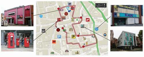 Figure 4. The route with landmarks indicated by map symbols, with experimental stops shown as numbered circles.