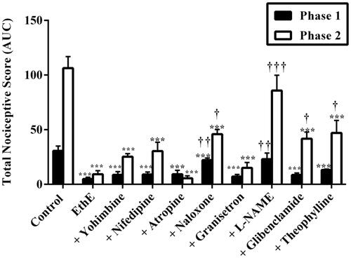 Figure 6. Effect of pretreatment of mice with yohimbine (3 mg/kg, p.o.), nifedipine (10 mg/kg, p.o.), atropine (5 mg/kg, i.p.), naloxone (2 mg/kg i.p.), granisetron (2 mg/kg, p.o.), L-NAME (10 mg/kg, i.p), glibenclamide (8 mg/kg, p.o.) and theophylline (10 mg/kg, i.p.) on the total nociceptive score of EthE (100 mg/kg, p.o.) in phase 1 and phase 2 of formalin-induced nociception. Each column represents the mean of five animals and the error bars indicate SEM. ***p < 0.001 compared to control group and †††p < 0.001, ††p < 0.01 and †p < 0.05 compared to EthE-alone-treated group (one-way ANOVA followed by Newman–Keuls post hoc test).