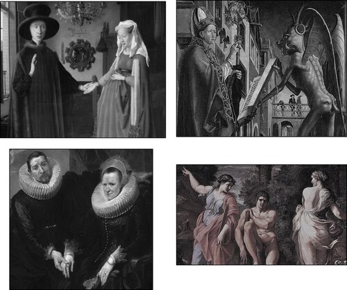 Figure 1. Black/white and cropped reproductions of right/left positioning in famous paintings, the more affluent person (man) or the good (virtue) is depicted on the right side of the objective scene, whereas the lesser person (woman) or the bad (sin) is represented on the left of the actual scene. Clockwise from top left: The Arnolfini Portrait by Jan van Eyck, 1434; The devil holding up the Book of Vices to Saint Augustine, 1483, by Michael Pacher; Hercules at the crossroad by Annibale Carracci, 1596; Portrait of a Married Couple by Anthony Van Dyck, ca.1620.