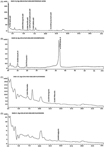 Figure 4. Representative high-performance liquid chromatography (HPLC) chromatogram of the S. edule var. nigrum spinosum extract: (A) phenolic acids, (B) cucurbitacins C and D, and (C) flavonoids.