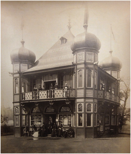 Figure 10. Tobacco kiosk erected in Kelvingrove Park for the Glasgow International Exhibition of 1888. By permission of University of Glasgow Library, Special Collections.