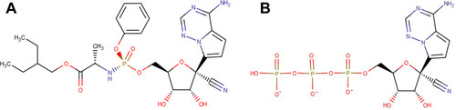 Figure 1 Chemical structures of (A) remdesivir as the phosphoramidate prodrug of an adenosine C-nucleoside and (B) pharmacologically active nucleoside triphosphate (NTP) as a viral RdRp inhibitor.