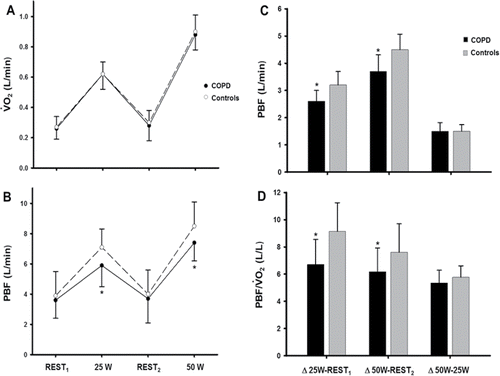 Figure 3. (A) Absolute metabolic (oxygen uptake, O2) and (B) pulmonary hemodynamic responses (pulmonary blood flow, PBF) to two constant work rate exercise tests in patients with mild-to-moderate COPD and controls. Exercise-induced changes in PBF either in absolute or O2-corrected values are depicted in (C) and (D), respectively. Values are mean ± SD. *p < 0.05 for patients vs. controls at a given testing condition.