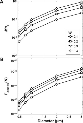 Figure 2 Non-dimensional “particle magnetization number” and magnetic force.Notes: (A) Non-dimensional “particle magnetization number” describing the ratio of the magnetic force to the maximal drag force; (B) corresponding magnitude of the magnetic force exerted on the particles. Curves are shown for a QB maneuver; VF represents the magnetic material volume fraction.Abbreviation: QB, quiet breathing.