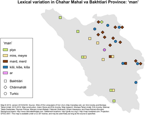 Figure 18. Sample Lexical Data Map: “Man” in the Languages of Chahar Mahal va Bakhtiari Province.Source: http://iranatlas.net/module/taxonomy.selectMap