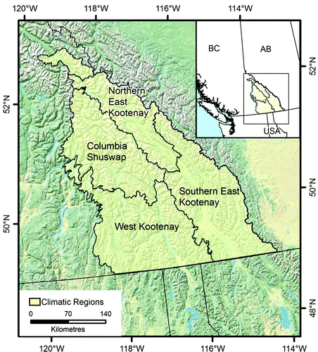 Fig. 1 Study area: Canadian Columbia River basin (light green) and climatic sub-regions.
