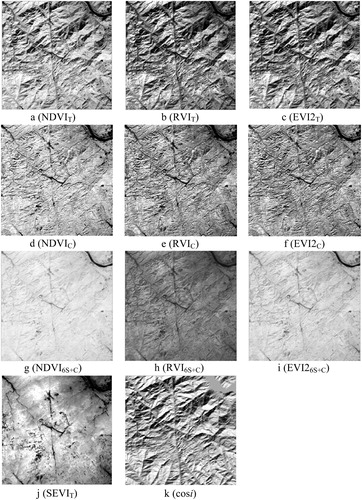 Figure 5. Vegetation indices in the research area.Note: a–c, j represent vegetation indices computed from the TOA reflectance data, d–f represent vegetation indices computed from the C model corrected data, g–i represent vegetation indices computed from the 6S + C corrected data, and k represents cosi.