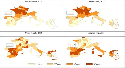 Figure 2. Quartile map of lower- and upper-middle-income class size, 2004 and 2017.