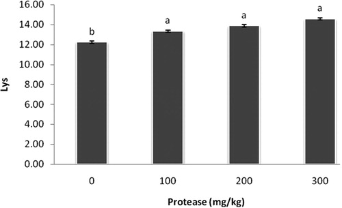 Figure 2. Effect of serine protease on lysine content in the breast muscle. The values (means ± standard SEM) were expressed on a gram of amino acid per 100 grams of breast meat. Means not sharing a common superscript letter with the control differ (P < 0.05) as indicated by Dunnett's t Test.
