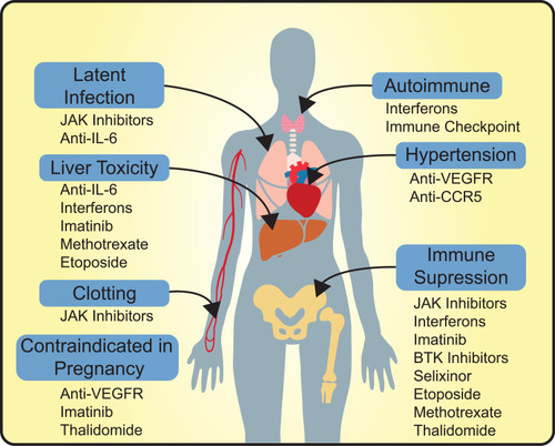 Figure 2 Common side effect profiles of anti-neoplastic agents relevant to COVID-19. Reviewed agents in addition to the reported mechanisms of action have documented adverse effect profiles that may alter the usefulness. These side effects include activation of latent infections, promotion of autoimmunity, liver toxicity, hypertension, immune suppression, increased risk of clotting, and toxicity to developing fetus or placenta.