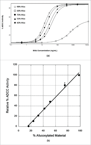 Figure 3. Dependence of ADCC activity of x-huCD20.hIgG4 on afucosylation levels. (A) ADCC curves observed for samples prepared by blending CHO-produced and Fut8KO-CHO-produced antibody. The results shown are mean values of duplicate wells from one representative plate of an ADCC assay. (B) Relationship of ADCC activity calculated from ADCC curves to the % afucosylation. Data presented are normalized mean ADCC activity values, assigning the 98% afucosylated sample as ADCC activity of 100%. The line is the result of a linear least squares analysis of the relative % ADCC data with correlation coefficient R = 0.99; error bars represent corresponding standard error of the mean and in most cases are smaller than the data point symbol.