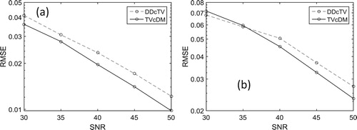 Figure 8. Plots of RMSEs of the reconstructed images as function of SNR in DDcTV and TVcDM reconstructions. (a) is for the Shepp–Logan phantom reconstruction. (b) is for the FORBILD phantom reconstruction.