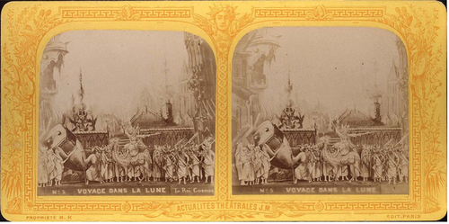 Figure 5. Tableau n. 5 ‘Le Roi Cosmos’ in Le voyage dans la Lune by Jacques Offenbach (1874), reproduced in the operetta’s stereoscope cards preserved at the Cinematheque francaise. Public domain, via Wikimedia Commons.