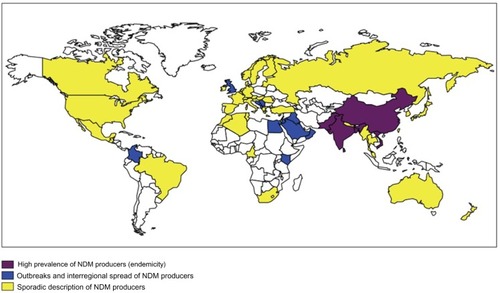 Figure 1 Geographic distribution of NDM producers.Note: Reproduced with permission from the Hindawi Publishing Corporation. Copyright © 2014. Dortet L, Poirel L, Nordmann P. Worldwide dissemination of the NDM-type carbapenemases in gram-negative bacteria. Biomed Res Int. 2014;2014:249856.Citation4Abbreviation: NDM, New Delhi metallo-beta-lactamase.