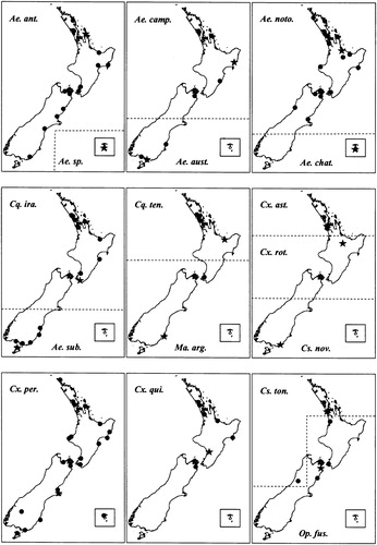 Figure 1. Maps showing the source locations for the specimens of each species sequenced for ITS1. Specimens also sequenced for COI are represented by a star. Note: abbreviation for the species name used in the figure are: Ae. ant.  =  Aedes antipodeus; Ae. sp.  =  Aedes sp. nov.; Ae. aust.  =  Ae. australis; Ae. camp.  =  Ae. camptorhynchus; Ae. noto.  =  Ae. notoscriptus; Ae. chat.  =  Ae. chathamicus; Ae. sub.  =  Ae. subalbirostris; Cq. ira.  =  Coquillettidia iracunda; Cq. ten.  =  Cq tenuipalpus; Cx. ast.  =  Culex asteliae; Cx. rot.  =  Cx. rotoruae; Cx. per.  =  Cx. pervigilans; Cx. qui.  =  Cx. quinquefasciatus, Cs. ton.  =  Culiseta tonnoiri; Cs. nov.  =  Cs. novaezealandiae; Op. fus.  =  Opifex fuscus; Ma. arg.  =  Maorigoeldia argyropus.