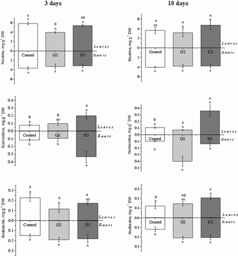 Figure 1.  Nicotine, nornicotine, and anabasine concentrations in leaves and roots of Nicotiana tabacum plants after 3 or 10 days of elicitor solution applications (Control – plants without elicitor solution application; GS – elicitor solution from germinating spore exudates; and DS – elicitor solution from disrupted AMF spores). Different lower case letters denote statistically significant differences among treatments in leaves or roots, and uppercase letters are used to compare total (leaves + roots) alkaloid contents by the Tukey's test (5%). Error bars show the standard deviation (n=4).