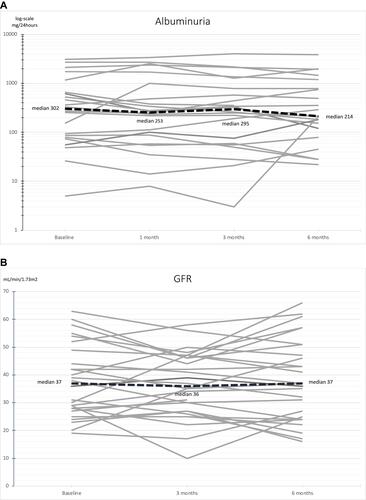 Figure 2 Individual curves representing albuminuria (A) and GFR (B) in each patient during the study.