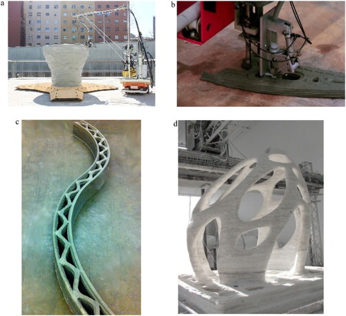 Figure 2. Images of AMoC by various institutes: (a) Minibuilders (Institute of Advanced Architecture of Catalonia), (b) Concrete Printing (University of Loughborough), (c) Contour Crafting (University of Southern California), and (d) D-shape.