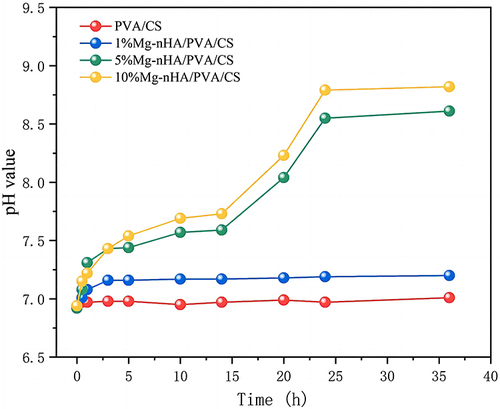 Figure 8 The pH change of composite hydrogels doped with different concentrations of Mg-nHA.
