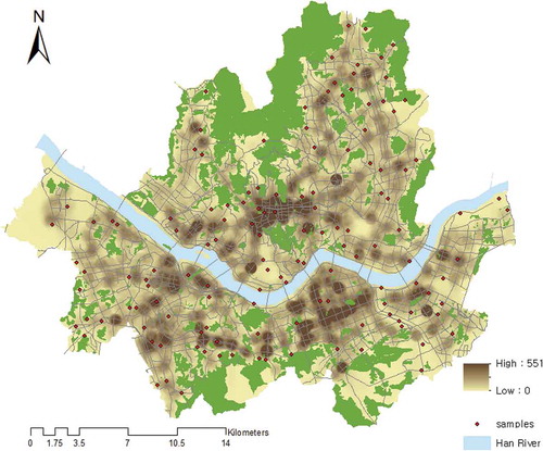 Figure 3. Map of the sample points and the traffic volume of visually impaired people in a neighborhood