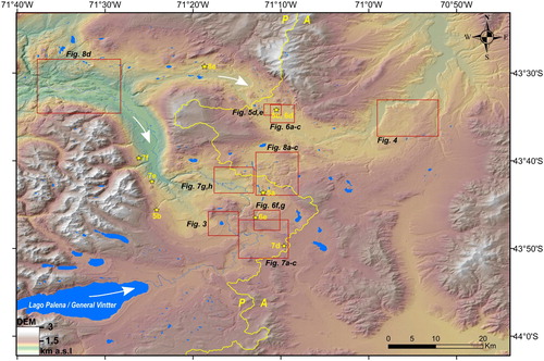 Figure 2. Digital elevation model (AW3D30 and hillshade) showing the area covered by the map presented with this paper. Locations of imagery / geomorphology comparison maps presented in Figures 3–8 are shown by red boxes. Locations of photographs presented in Figures 3–8 are indicated with yellow star symbols. The Atlantic (A) / Pacific (P) drainage divide is delineated in bright yellow, while ice-flow direction of the Lago Palena/General Vintter, Río Corcovado and Río Huemul glaciers is indicated by the white arrows. The Río Corcovado and lakes / water bodies are mapped in dark blue.