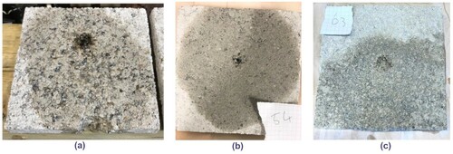 Figure 8. Typical failure surfaces after drip tests (a) unamended, (b) cement stabilized tiles and (c) biopolymer stabilized tiles.