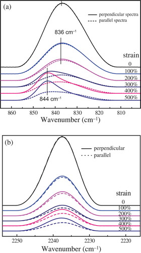 Figure 4. FTIR polarization spectra of NR/NBR/AO-80 (75/25/10) composite under different uniaxial elongations at (a) 836 cm−1 and (b) 2238 cm−1.