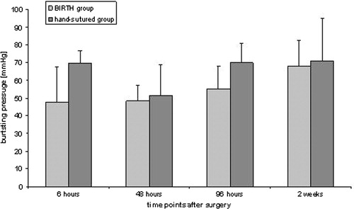 Figure 3. Bursting pressure in radio-frequency-induced thermofusion compared to hand-suture at 6 h, 48 h, 4 days, and 2 weeks after surgery (p > 0.05).