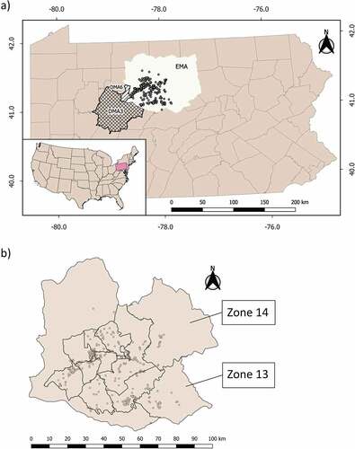 Figure 1. a) Distribution of elk samples (circles) collected in Pennsylvania’s Elk Management Area (EMA, current delineation shown) between 2014 and 2020 (n = 565). Disease Management Area 3 (DMA3, cross-hatched) is adjacent to EMA, while Disease Management Area 6 (DMA6, hatched) is inside EMA. b) Distribution of elk samples (circles) as shown in Figure 2a, and hunt zone delineation used in the period 2018–2020, for which we estimated the proportions of less susceptible genotypes. These hunt zones are located within the Elk Management Area. Two hunt zones were created during our sampling period: zone 13 (incorporated in 2015) and zone 14 (incorporated in 2018).