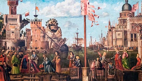 Figure 25. Detail of a painting by Vittore Carpaccio from 1497–98. Large sailing ships in the background are of the same type as the Griffin, one of which has been hauled down for careening. In this age of geographical discovery, conquest and long-distance seafaring, Italian artists also developed geometric perspective painting, enabling the depiction of spatial relationships in new ways. That this is happening at the same time is hardly a coincidence. ‘Meeting of the Betrothed Couple and the Departure of the Pilgrims’ from Legend of St Ursula by Vittore Carpaccio 1490. Original in Gallerie dell'Accademia, Venice (Wikimedia Commons, under Creative Commons Attribution-Share Alike 4.0 International license).