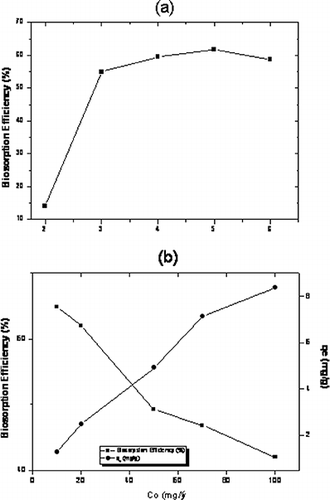 Figure 2. Effect of pH on biosorption efficiency (a) and initial Cu(II) concentration on Cu(II) uptake (qe = mg Cu (II)/g biomass) and biosorption efficiency (b). Co  = 10 mg/L, T = 20°C, m = 5 g/L, stirring speed = 150 rpm, contact time (t) = 60 min.