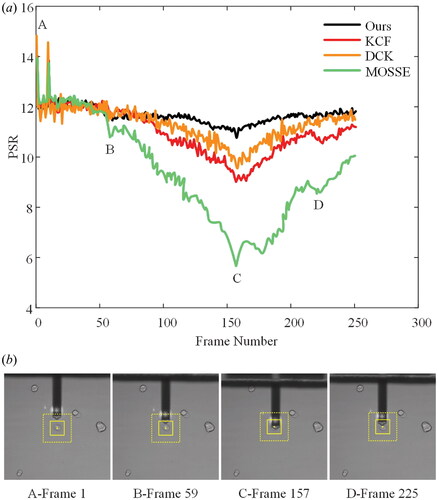 Figure 9. (a) The comparison of PSR performance of correlation filtering algorithms based on cell manipulation video sequences under occlusion, (b) corresponding frame image in the PSR result: A—the initial frame, B—the frame that started to cause the occlusion, C—the frame with the maximum occlusion, and D—the frame after the operation is completed.