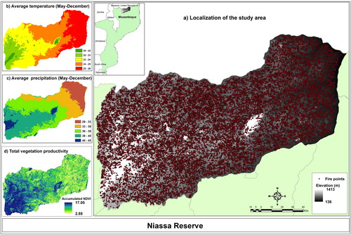 Figure 1. Geographic localization of the study area, Niassa Reserve, Mozambique. (a) Localization of the study area; (b) average temperature; (c) average precipitation; (d) total vegetation productivity, Source: Nhongo et al. (Citation2017).