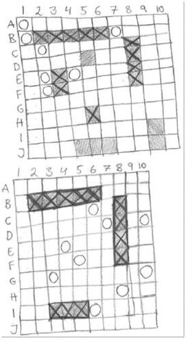 Figure 7. Perspective of a participant playing the paper version of Battleships, the upper board is the participant’s board and the lower is their opponent’s board.