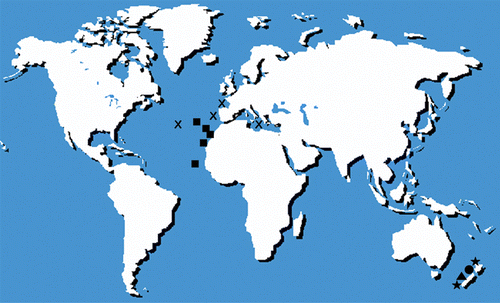 Figure 5 World distribution map of the species belonging to the genus Antipathella. X, Antipathella subpinnata; •, Antipathella strigosa; ★, Antipathella aperta; ▴, Antipathella fiordensis; ▪, Antipathella wollastoni.