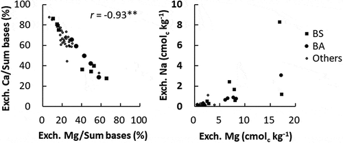 Figure 3. Relationships (a) between the percentages of Mg and Ca to the sum of exchangeable bases and (b) between exchangeable Mg and Na. BS: Brackish swamp, BA: Brackish alluvium, **: p < 0.01