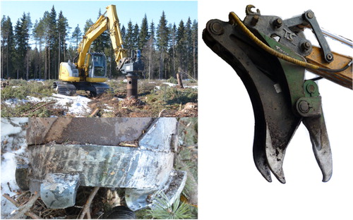 Figure 2. The New Holland Kobelco E200SR excavator (left) equipped with an Ellettari stump drill, and the Terosa KK-900 conventional stump rake (right). Photos by Raul Fernandez Lacruz, SLU, and Jaakko Mietinen, Luke, respectively.